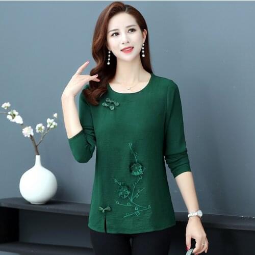 Embroidery Mother Clothing Autumn T-shirt Spring Women Button Pullovers Tops Long Sleeve Tee 5XL 4XL 3XL