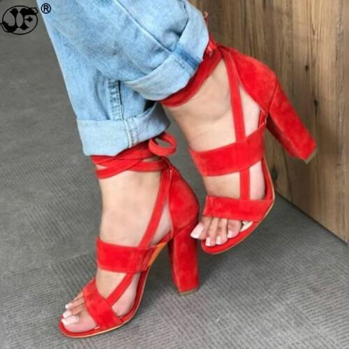 Summer Shoes Woman 2019 Womens Sandals High Heel Gladiator Cross-tied Lace-Up Casual Ankle Strap Flock Sandal sdty