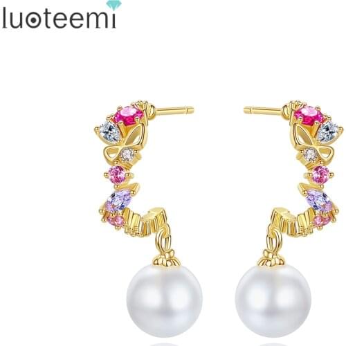 LUOTEEMI WomanTops Fashionable Pendant Earrings Boucle Oreille Femme Imitation Pearl With Colorful aaa Cubic Stones Pendientes