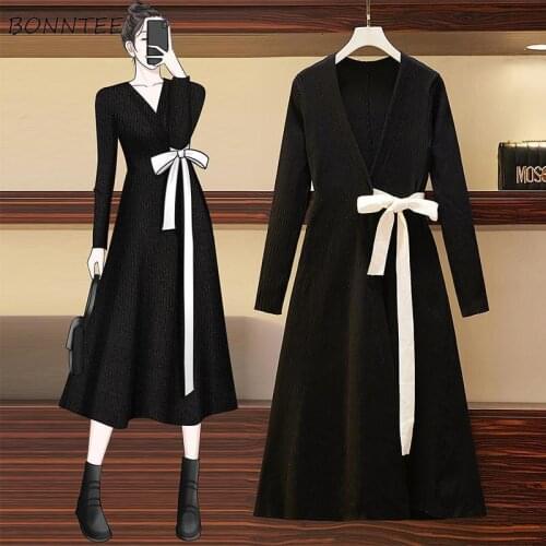Dresses Women Simple Female Vestidos Elegant Chic V-Neck Slim Knitted Spring Black Korean Style Bow Solid Vintage Classy Trendy