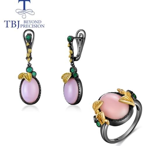 TBJ ,2021 new Natural pink opal jewelry set 925 sterling silver gemstone ring and earring fine jewelry for women new style 2020