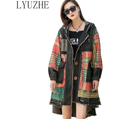 LYUZHE Vintage Women Patchwork Denim Coat 2021 Autumn Hooded Spliced Female Coat Irregular Hole Women Overcoat QDY378