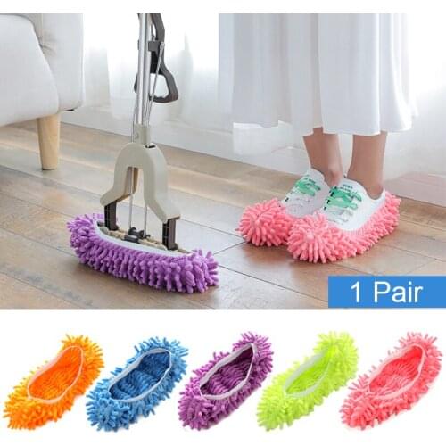 1 Pair Chenille Mop Slippers Dust Removal Mop Cover Cleaning Feet Shoe Covers Reusable Lazy Floor Wall Cleaning Tool 6 Colors