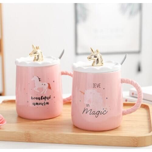 1Pcs New 420mL Unicorn Coffee Mugs with 3D Glod Lid and Spoon 4 Styles Creative Tea Milk Juice Ceramic Cup Gifts for Women Girls