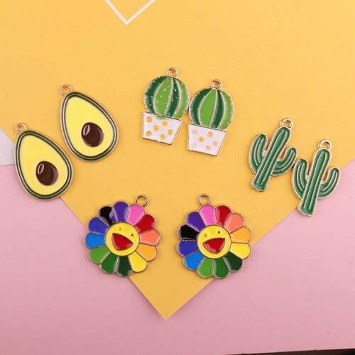 10pcs/lot Cactus Sun Flower Avocado Enamel Charms Fashion Jewelry Earring Bracelets DIY Making Golden Base