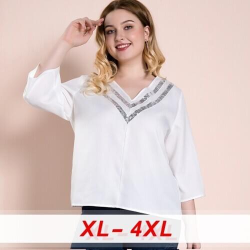 2020 Female Thin Tops Sexy V-neck Womens Blouses Loose Simple Solid Color Plus Size Office Elegant Sequin Female Clothing Tops
