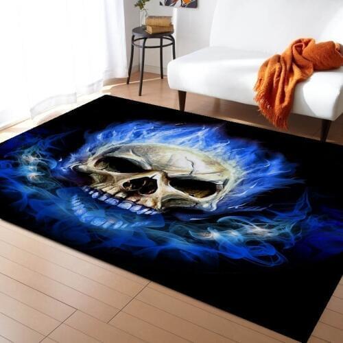 3D Flame Skull Rectangular Floor Carpet Gothic Anti slip Area Rug Bedroom blue flame Decorative Tapete Kids Play Mat 5 Sizes
