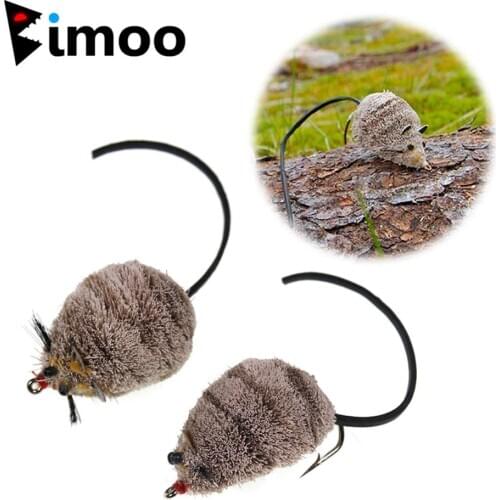 Bimoo 2pcs Size 2/0 Topwater Deerhair Mouse Flies With Weed Guard Hook Fly Fishing Artificial Rat Bait for Bass Pike Big Trout