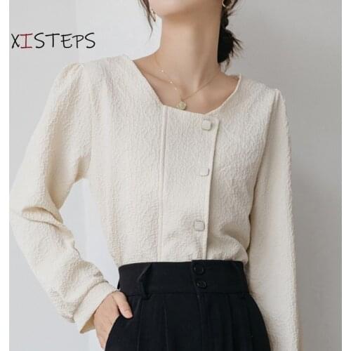 Bubble Sleeve Women Blouses Black Beige Square Neck Shirts Button Female Casual Tops 2021 Spring Short Tops Ladies Clothings