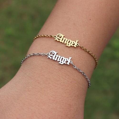 Stainless Steel Jewelry Angel Letter Bracelet Old English Words Pulseiras Feminina Statement Bijoux Femme Gold Bracelet Chain