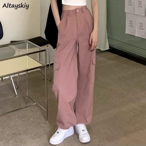 Pants Women Sweet Pink Full-length Simple Cargo Loose Fashion High Waist All-match Pockets Trousers Female Leisure Summer New