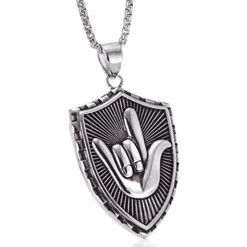 Vintage Shield Finger Hand Pendant Necklaces for Men Male Stainless Steel Chain Link Fashion Punk Jewelry