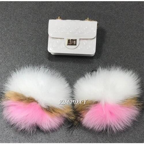 Kids Fur Slides Furry Home Slippers with Jelly Bags Girls Fluffy Rainbow Shoes Flat Plush Sandals Fur Flip Flops Baby Coin Purse