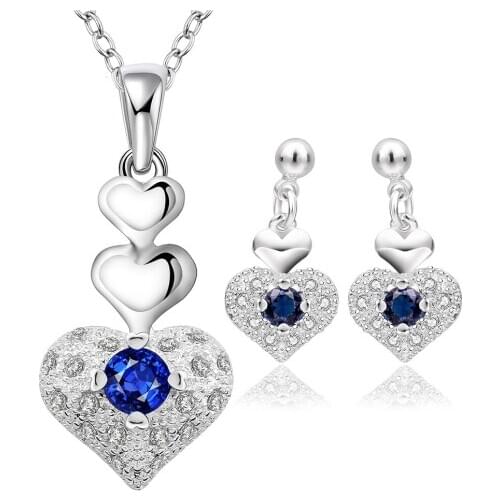 Crystal CZ stone Zircon silver jewelry fashion cute Pretty Heart Necklace Earring women wedding lady set TOP quality S772