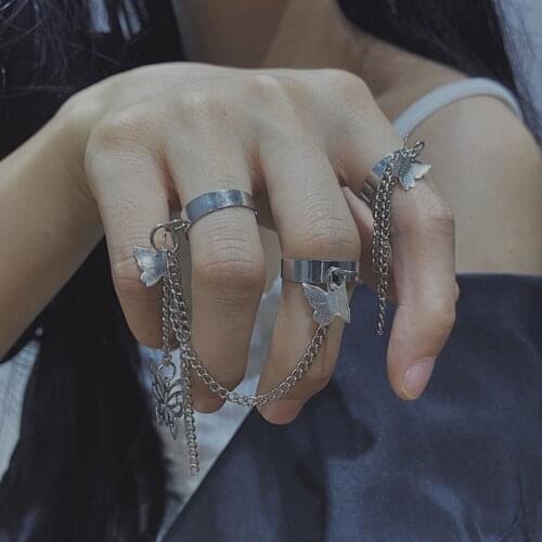 Punk Butterfly Hip Hop Rings Multi-layer Adjustable Chain Two Open Finger Rings Alloy man Rotate Rings for Women Party Gift
