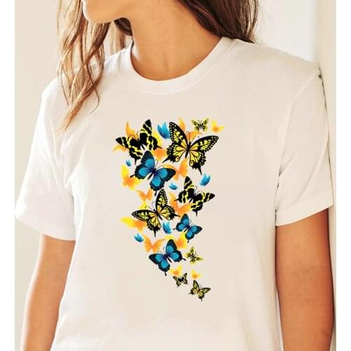 2021 New Women T Shirts Color Painting Butterfly Printed T Shirt Female O-neck Short Sleeve Tops Tee Ladies Cute Tshirts Cloth