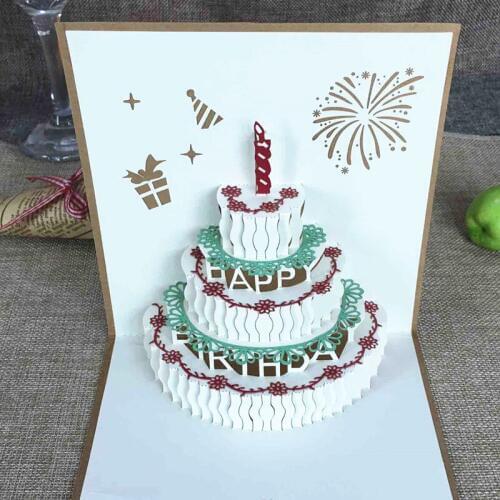 Happy Birthday Postcard Greeting Gift Cards Kraft Kirigami Blank Paper 3D Handmade Pop Up Laser Cut Vintage Cake with Envelope
