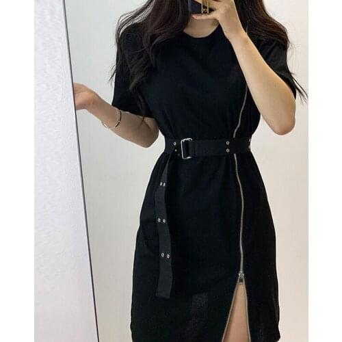 Streetwear Summer black Dress Women Short Sleeve zipper T Shirt Dresses with belt Plus Size sexy punk short Dress vestidos