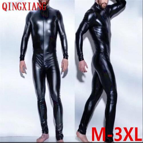 Plus Size M-3XL Sexy High Quality Men Catsuit Faux Leather Front Zipper Crotch 2018 Bodysuit Fetish Costume Erotic Lingerie