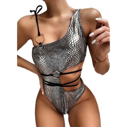 Sexy Women Snakeskin Print Bikini One-piece Bathing Suit Summer One Shoulder Ladies Bikini Monokini Swimsuit One Piece Swimwear