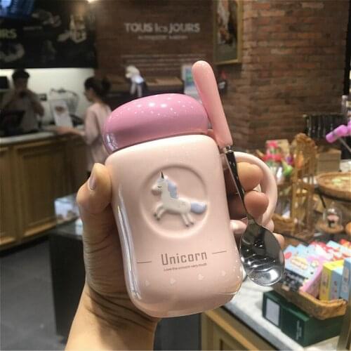 Cute Unicorn Ceramic Mug with Lid Korea Cartoon Mug Office Water Cup Couple Cup Female