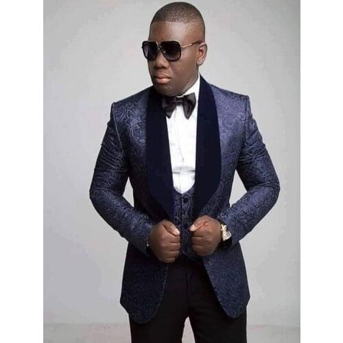 Groomsmen Navy Blue and Black Groom Tuxedos Shawl Lapel Men Suits Wedding Best Man 3 Pieces ( Jacket+Pants+Vest+Tie ) D93
