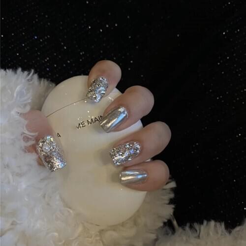 Mirror shining sliver pure color with full diamond 3d decorated fake nails Japanese Bride lady full nail tips french false nails