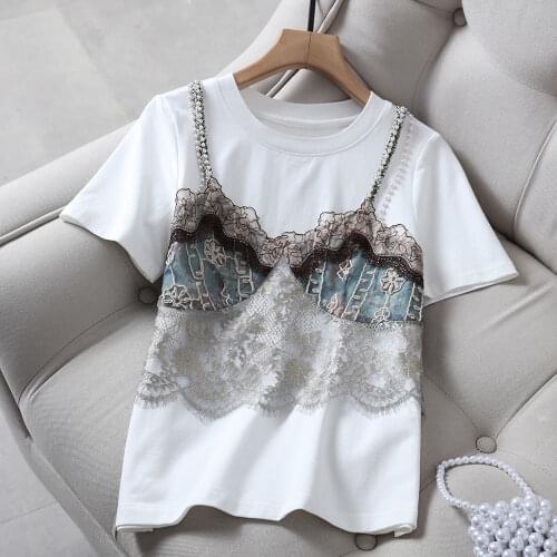 Flase 2 Pieces Lace White Women T-Shirts Summer New 2021 O-Neck Straight Slim Elegant Office Lady Pulls Outwear Tops Tees