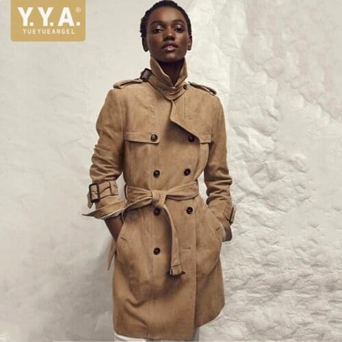 Italian Genuine Leather Jackets Women Belted Slim Fit Suede Leather Long Coat Runway Military Double Breasted Windbreaker Trench