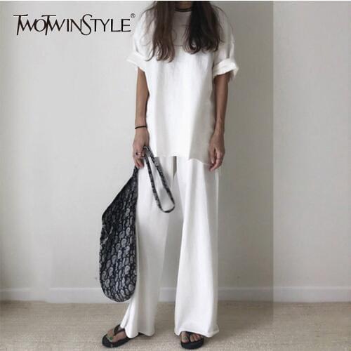 TWOTWINSTYLE Casual Women Two Piece Set Short Sleeve T-shirt Tops Elastic High Waist Wide Leg Pants Suits Korean 2020 Summer