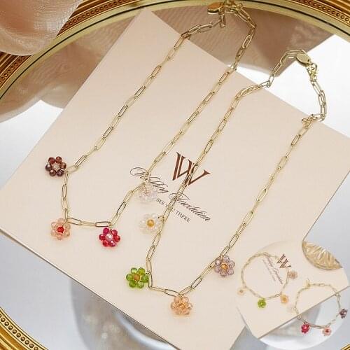 Origin Summer Sweet Rainbow Beaded Braid Flower Pendant Necklace for Women Gold Color Hollow Linked Chain Chokers Necklaces Gift