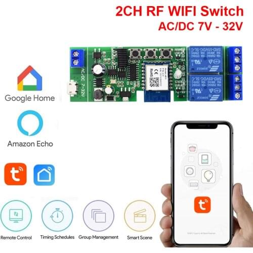 2CH Wifi Relay Switch For Smarthome Wifi Curtain Light Switch AC DC 7V-32V 12V 24V Wifi Module RF Receiver Switch Alexa Tuya App