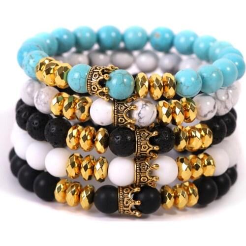 6pcs Hot natural stone crown bracelet 8mm beads Blue turquoises Matte black lava rock Amulet meditation for Jewelry Making Free