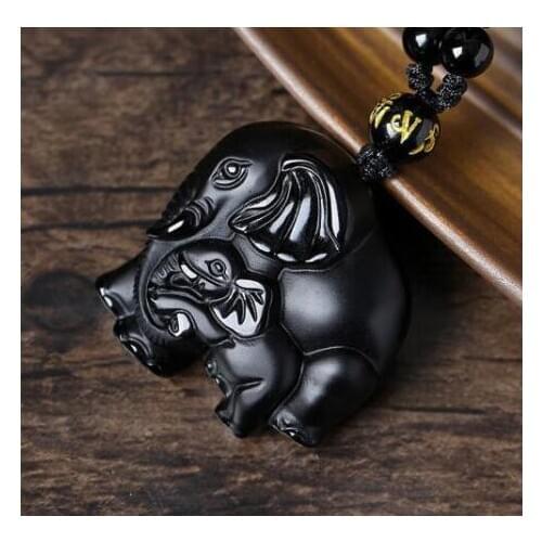 Wholesale natural stone Quartz crystal Black Obsidian hand Carved Elephant Amulet Pendant for diy jewelry making necklace