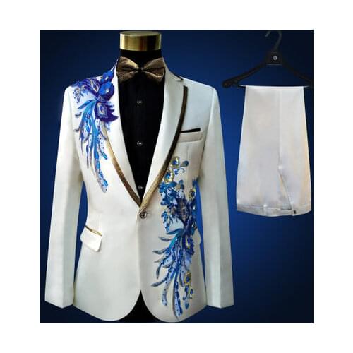 Freeship 100%real mens white with blue embroidery beading tuxedo suit /event/studio/sing/stage performance/jacket with pants
