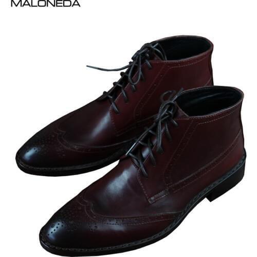 MALONEDE Bespoke Handmade Goodyear Retro Brogue Ankle Boots Full Genuine Leather Lace up Short Boots For Formal Dress Footwear