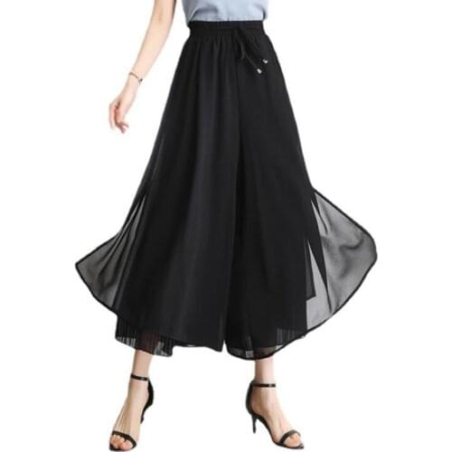 Large Size Wide Leg Pants 2021 Summer Casual High Waist Chiffon Side Split Loose Bohemia Skirt Pants Capris Solid S-5XL