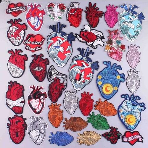 Pulaqi Color Red Heart Patches Stripes Embroidered Iron On Patches For Clothing Stickers For Clothes Punk Hippie Applique Parche