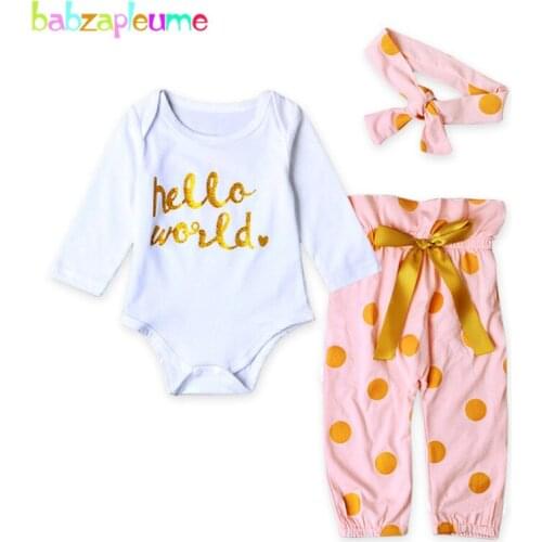 Babzapleume Spring Autumn Newborn Rompers Baby Girls Clothes Cute Letter Bodysuits+Dot Pants+Headband Infant Clothing Set BC1418