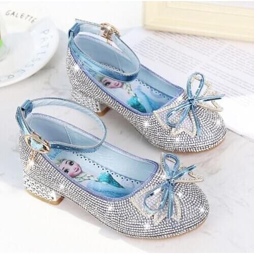 Disney Spring New Girl Crystal Shoes soft bottom non-slip High Heel Princess Shoes Little Girl Frozen Elsa Shoes