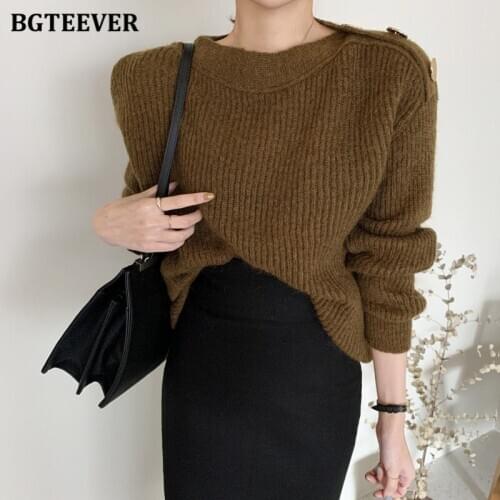 BGTEEVER Elegant Soft O-neck Buttons Women Solid Sweater Jumpers 2020 Autumn Winter Warm Loose Knitted Pullovers Femme