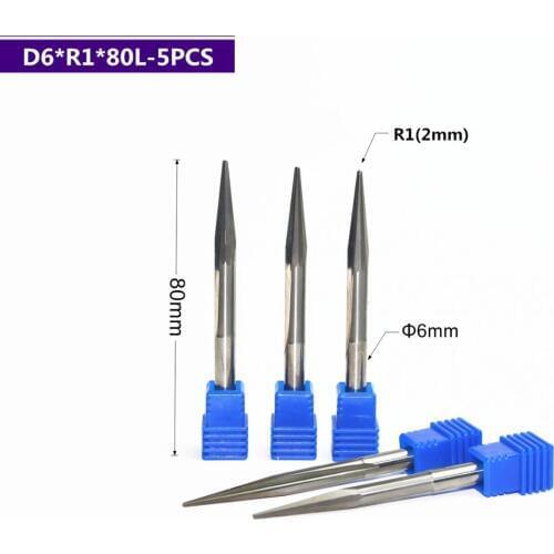 5PCS,R1.0*D6*80L-free shipping cnc tungsten carbide milling cutter,Woodworking router bit,tapered ball nose spherical cone bit