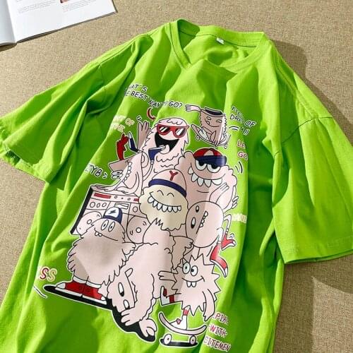 Cotton Graffiti Abstract Cartoon T Shirts Women Ins Super Cute Oversized Tshirts 2021Summer Streetwear Female Tees Tops Harajuku