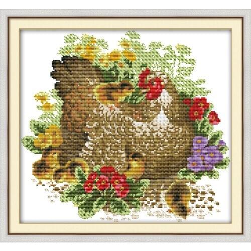 Joy Sunday Chicken Mother And Chick Chinese Cross Stitch Kits Ecological Cotton Printed 14 11CT DIY Wedding Decoration For Home