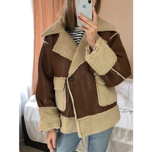 KBAT Winter Women Thick Warm PU Lamb Jacket Short Motorcycle Brown Coats Faux Shearling Sheepskin Leather Jackets Outwear