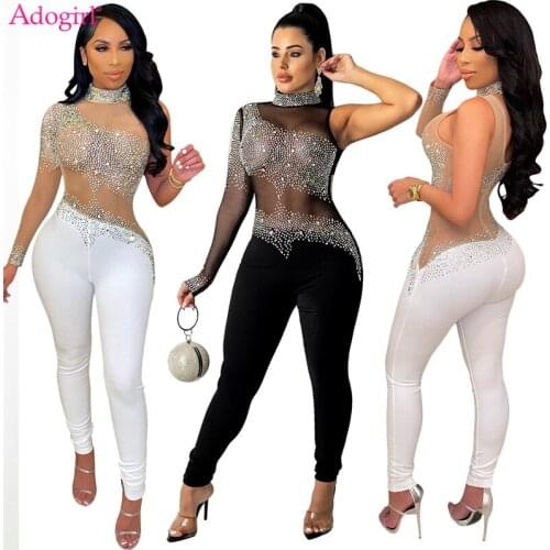 Adogirl Rinestone Diamonds Sheer Mesh Patchwork Jumpsuit Women Sexy Mock Neck Long Sleeve Skinny Overalls Night Club Outfits