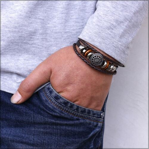 Minimalist Punk Multilayer Leather Bracelet Men Vintage Alloy Flower Accessories Elegant Jewelry Wristband Friendship Gift