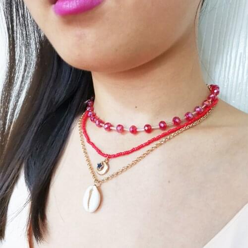 10 Colors Bohemia Style Small Beaded Necklaces 2 Layer Metal Chain Goth Necklace Shell Pendant Women Summer Jewelry Gift Collier