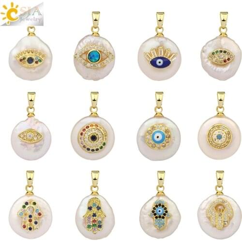 CSJA Coin Freshwater Pearl Pendants Small Size Evil Eye Hamsa Fatima Hand Zircon Gold Color Necklace Choker for Women Girls G205