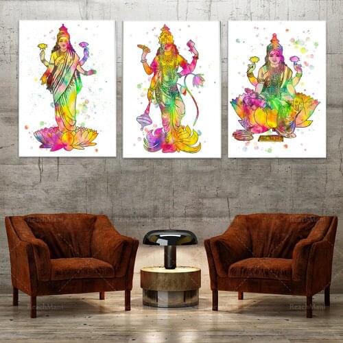 Lakshmi Print, Lakshmi Goddess Painting, Post lakshmi, Lakshmi on Lotus painting Lord Vishnu painting, Hindu god art print decor